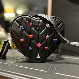 KARL LAGERFELD PARIS Quilted Leather Heart Shaped Crossbody Black Purse Bag NWT
